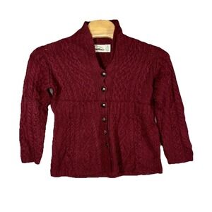 Aran Crafts Wool Cable Knit Cardigan Sweater Womens Small Leather Buttons‎